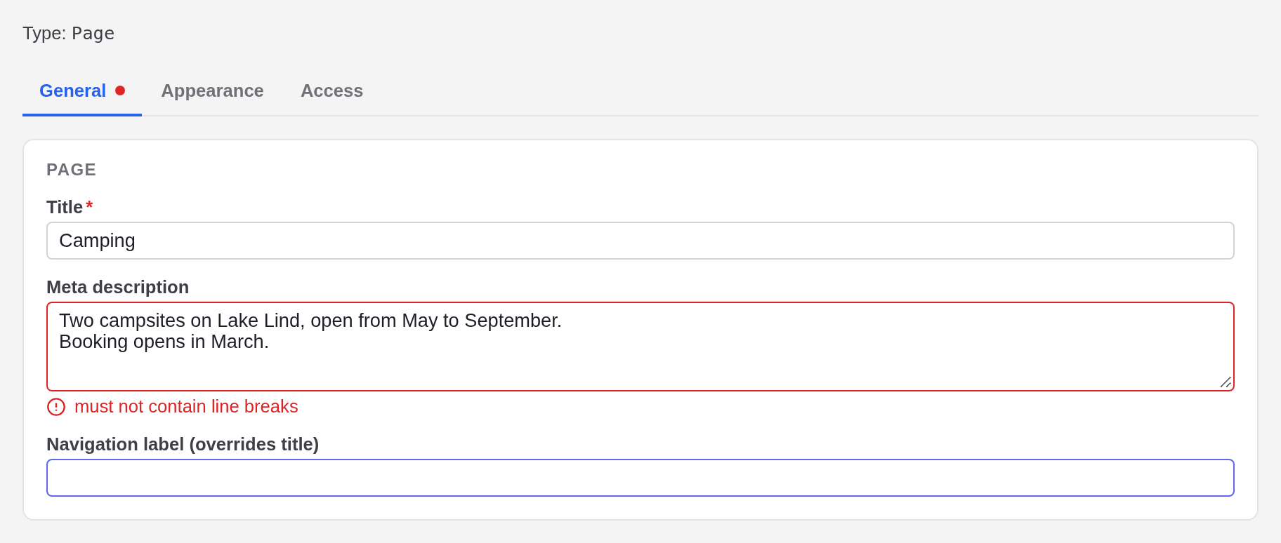 The General tab with a red dot. The Meta description holds two lines and shows the red message must not contain line breaks