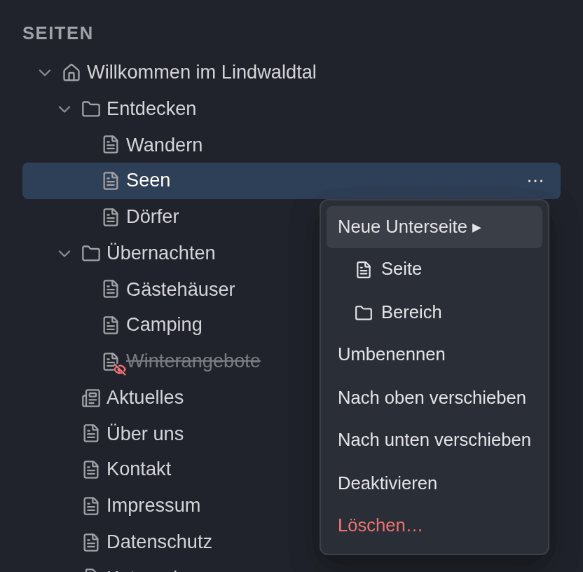 Das Menü der Seite Seen im Seitenbaum, mit aufgeklapptem Eintrag Neue Unterseite und den Seitentypen Seite und Bereich darunter, gefolgt von Umbenennen, Nach oben verschieben, Nach unten verschieben, Deaktivieren und Löschen