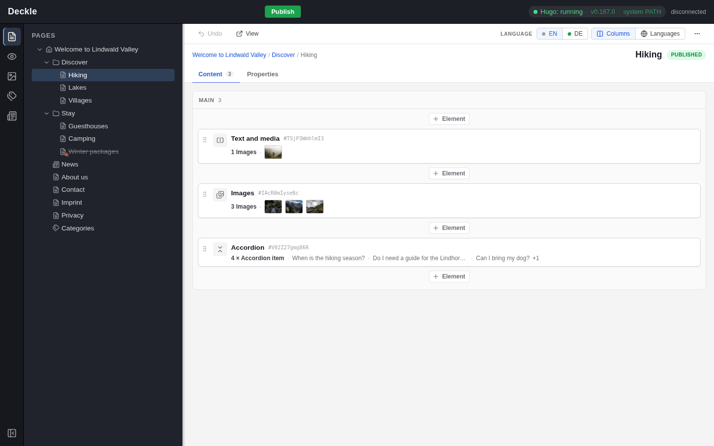 The Page module: the page tree with the sections Discover and Stay opened, the page Hiking selected and its content elements on the right