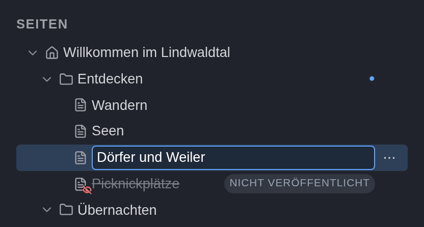 Der Titel der Seite Dörfer wird im Seitenbaum bearbeitet, im Feld steht Dörfer und Weiler
