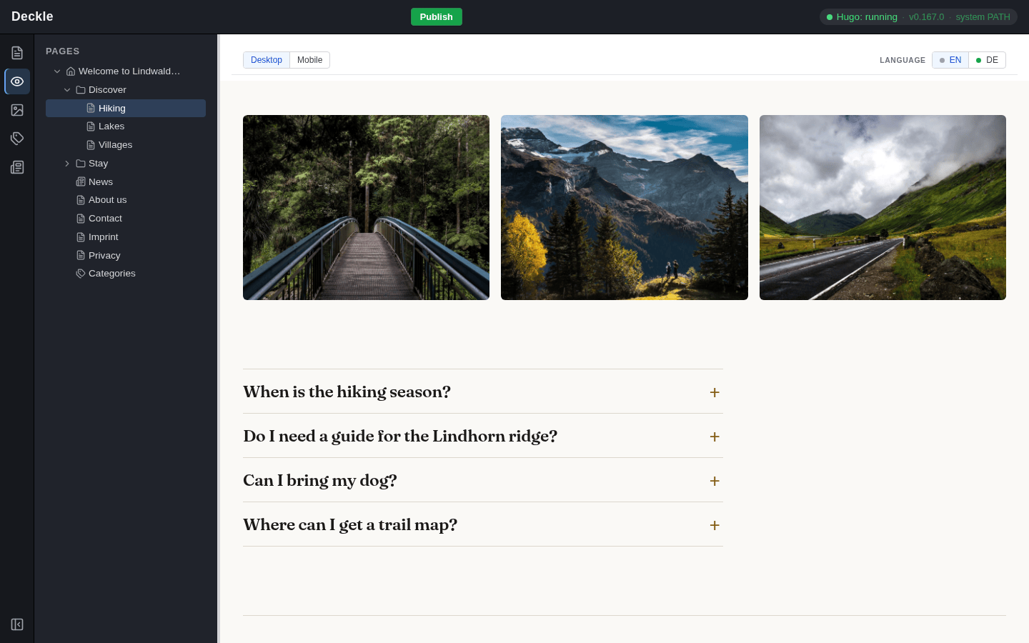 The View module with the Hiking page scrolled down to its image grid, which now sits at the top of the preview