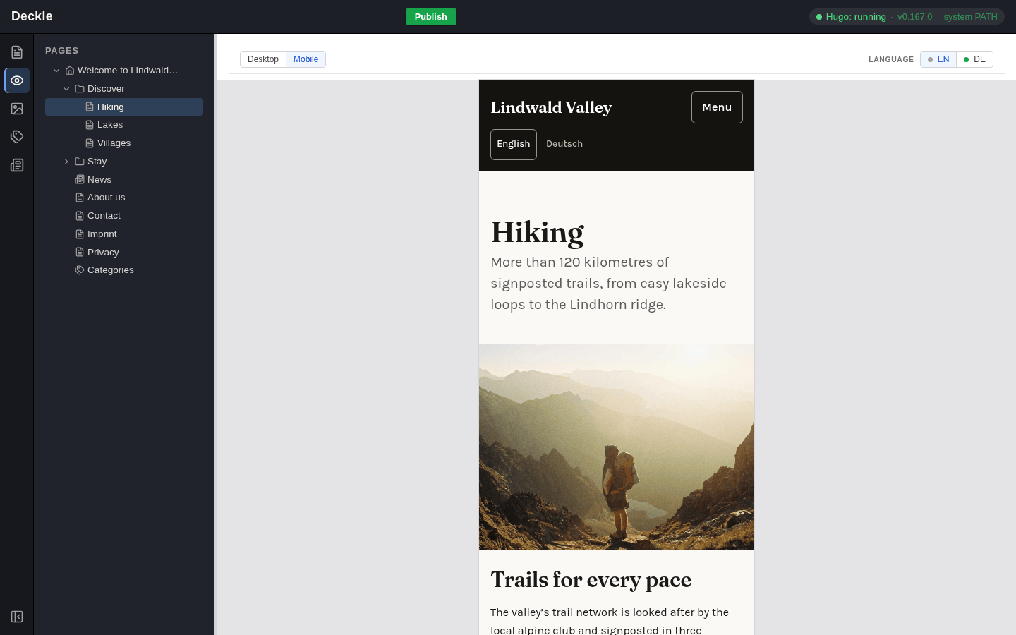 The View module in Mobile mode: the Hiking page in a narrow, phone-sized column with the Menu button in its header