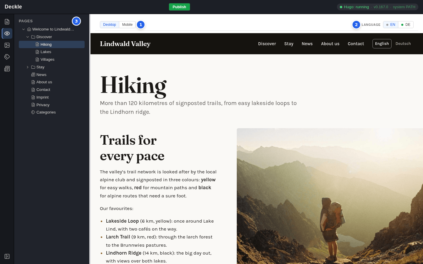 The View module with three numbered markers: 1 the buttons Desktop and Mobile, 2 the language switch, 3 the page tree; on the right the Hiking page of the demo website