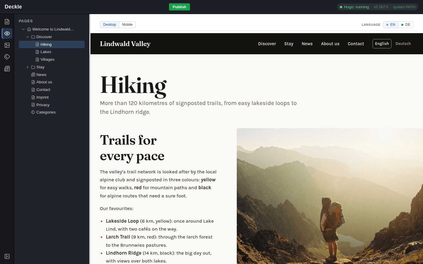 The View module: the page tree on the left, the Hiking page of the demo website as visitors see it on the right