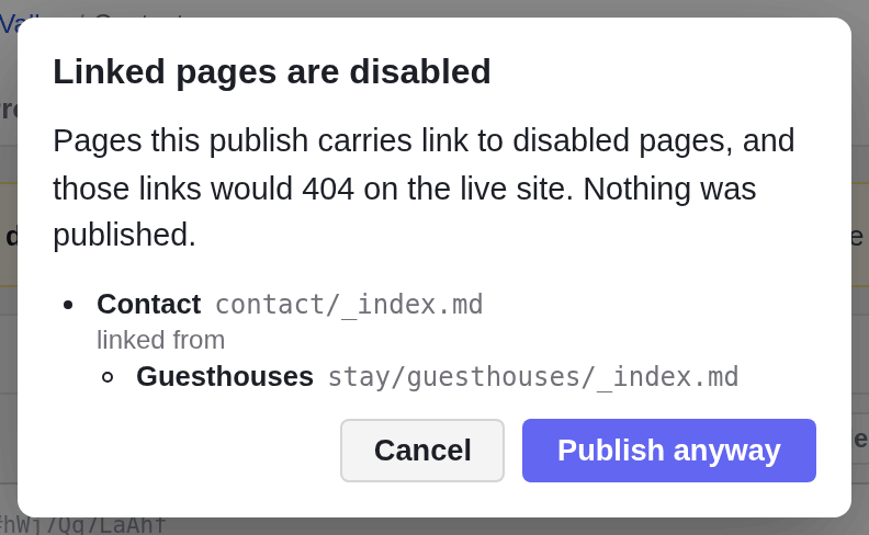 The dialog Linked pages are disabled: the disabled page Contact, linked from Guesthouses, with the buttons Cancel and Publish anyway