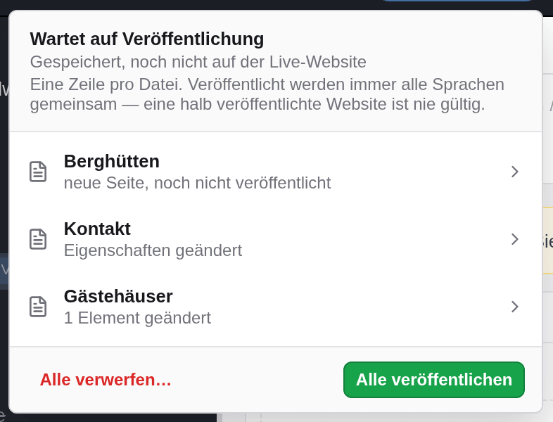 Die Liste Wartet auf Veröffentlichung mit drei geänderten Seiten