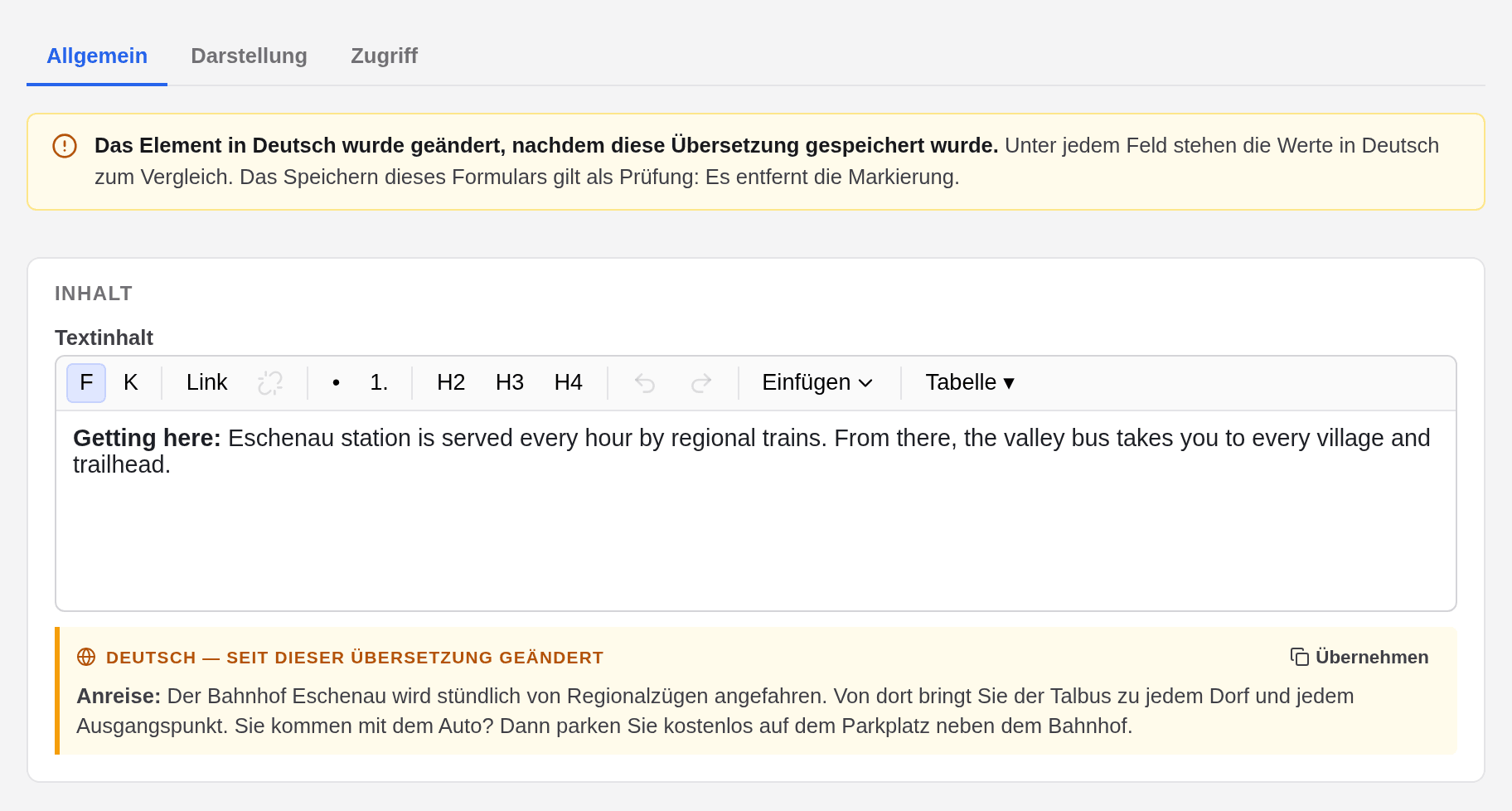 Das Formular eines englischen Elements mit dem Hinweis, dass das Element in Deutsch geändert wurde, dem englischen Text und darunter dem neuen deutschen Text mit der Kennzeichnung Deutsch — seit dieser Übersetzung geändert
