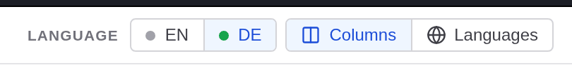 The language switch in the toolbar: the caption Language, the buttons EN and DE with DE pressed, and next to it the Columns and Languages switch