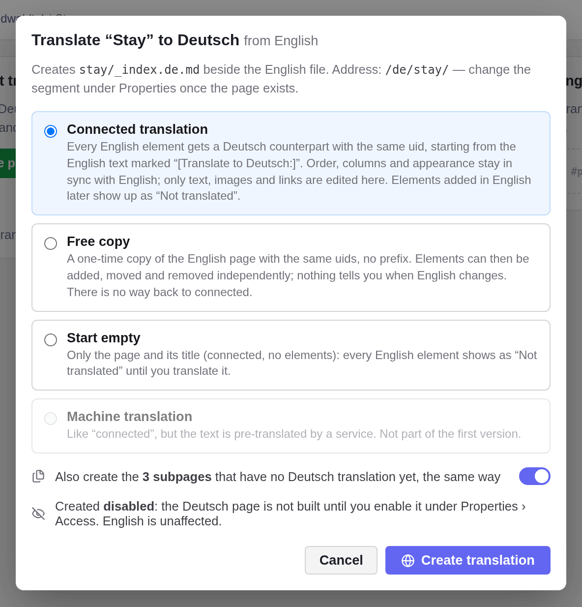 The dialog Translate Stay to Deutsch with the choices Connected translation, Free copy and Start empty, the switch for subpages and the Create translation button
