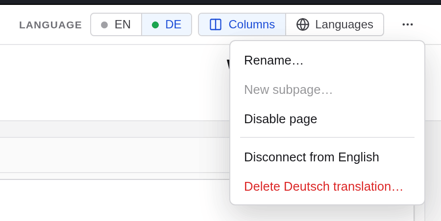 The more menu of a German page with Rename, Disable page, Disconnect from English and Delete Deutsch translation
