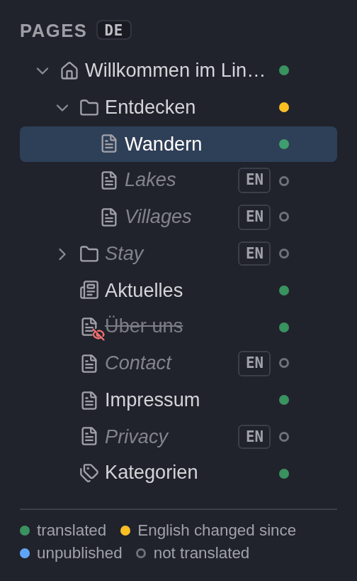 The page tree in German: German titles, untranslated pages in italics with an EN tag, a struck-through disabled translation and the legend of translation states below