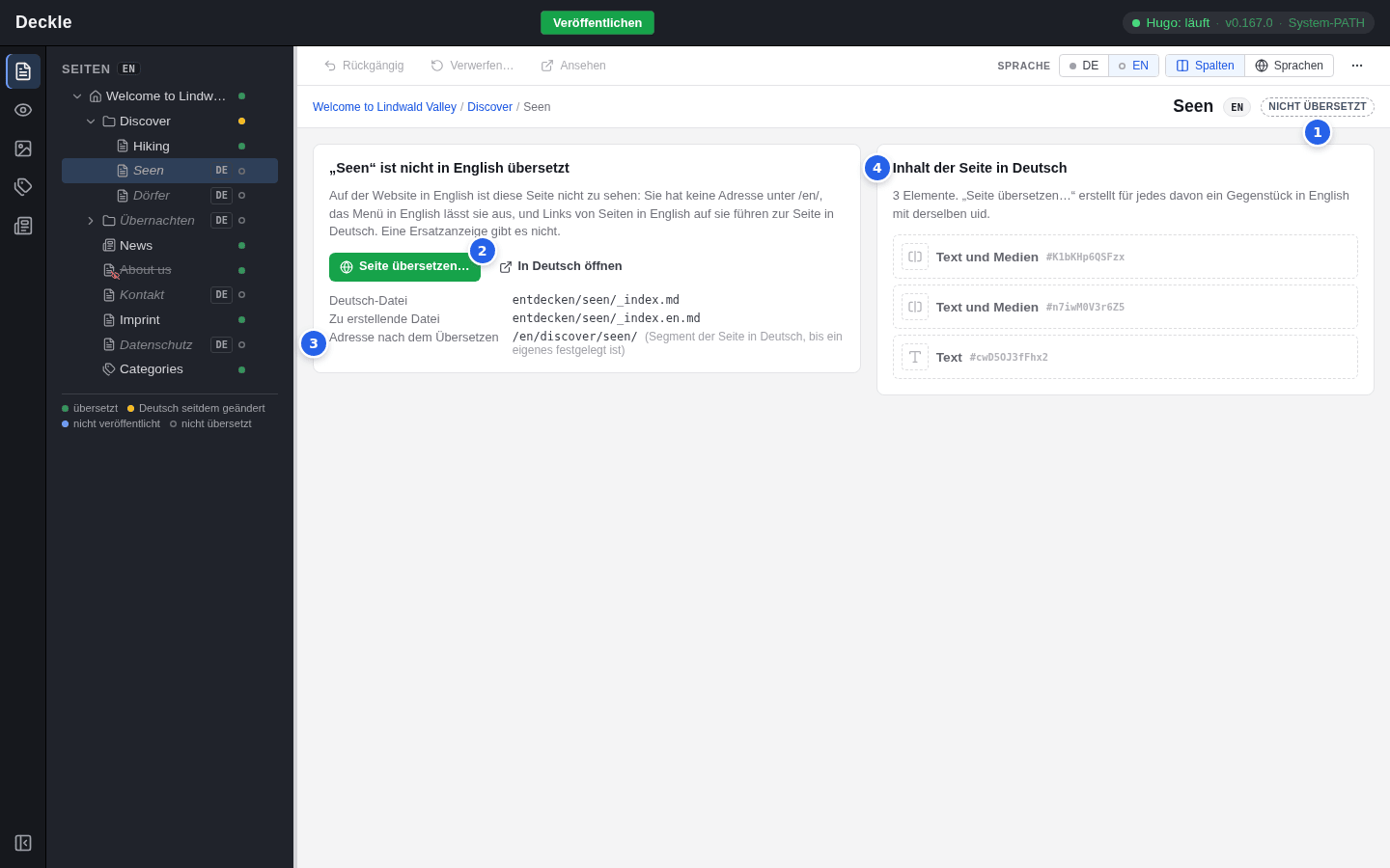 Die nicht übersetzte Seite Seen auf Englisch, mit nummerierten Markierungen am Hinweis Nicht übersetzt, an der Schaltfläche Seite übersetzen, an der Adresse nach dem Übersetzen und an der Liste Inhalt der Seite in Deutsch